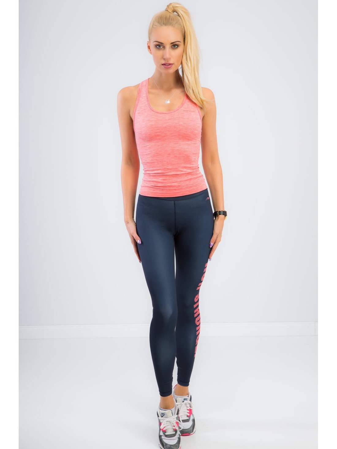 Marineblaue Leggings mit korallenroter Aufschrift 13930 – Online-Shop – Boutique